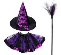 Qwrqwr Girls Witch Costume for Halloween Kids Purple Tutu Dress with Hat Magical Broom Fancy Dress Outfit Cosplay (90-100cm)