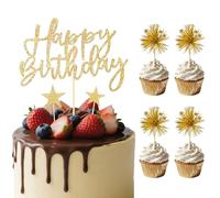 Qwrqwr Gold Happy Birthday Cake Topper Firework Cupcake Toppers Personalised Sparklers Cakes Decoration for Theme Party (Gold)