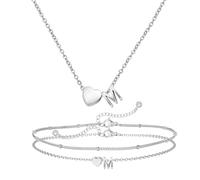 Qwrqwr Initial Necklace and Bracelet Set with Heart Pendant Silver 14k Simple Alphabet Layered Jewelry Personalised Matching First Name Letter Charm for Women Girls Birthday Festival Gifts (Silver M)