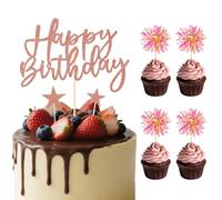 Qwrqwr Rose Gold Happy Birthday Cake Topper Firework Cupcake Toppers Personalised Sparklers Cakes Decoration for Theme Party (Rose Gold)
