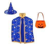Qwrqwr Wizard Cloak Witch Cape Enchanted Costume for Kids with Hat and Pumpkin Candy Bag Magical Halloween Golden Stars Pattern Outfit Boys Girl (Blue)