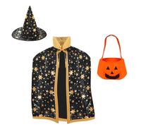 Qwrqwr Wizard Cloak Witch Cape Enchanted Costume for Kids with Hat and Pumpkin Candy Bag Magical Halloween Golden Stars Pattern Outfit Boys Girl (Black)