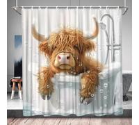 QWRSMYX Funny Highland Cow Shower Curtain Cute Calf Farm Animal in Bathtub Brown Longhorn Cattle Bubble Rustic Farmhouse Boys Girls Bathroom Accessories Decor Set with Hooks 70Wx70H Inch