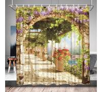 QWRSMYX Italian Natural Scenery Country Style Purple Flower Shower Curtain Wisteria Flower Green Leaf Arch Mediterranean Town Fabric Bathroom Set with Hook 70Wx70H Inch