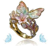 QWSYGH Butterfly Flower Ring, Women's Cute Enamel Fashion Shiny Flower Butterflys Open Pink Rings (D-Gold)