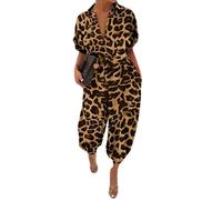 QWUVEDS Adult Women Leopard Print Thin Long Button Playsuit Short Sleeve Jumpsuit Long Sleeve Women, brown, L