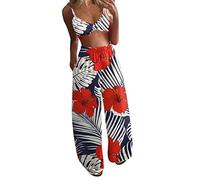 QWUVEDS Boho Leg Pants Sets Trouser Print 2 Crop and Pieces Loose Set Sets Women's Wide Top Women's Trouser Suit Sports Set Women's Set, red, XXL