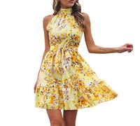QWUVEDS Business Dress Summer Dress for Women Casual Boho Sleeveless Halterneck Summer Dress Multilayer Dress with Colour Block Tunic Dress Women, yellow, M