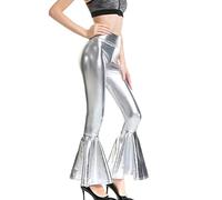 QWUVEDS Dirndl 48 Women's Shiny Metallic Flare Leggings for Women Sexy High Waisted Bell Bottom Trousers Stretch 70s Disco Yoga Trousers Leather Trousers Black Men, silver, L