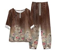 QWUVEDS Linen Sets for Women 2 Pieces Women Cotton Five Sleeve Printed Blouse Loose Pants Two Piece Suit Elegant Trouser Suits Women's Casual Suit, brown, 5X-Large