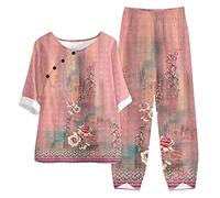 QWUVEDS Linen Sets for Women 2 Pieces Women Cotton Five Sleeve Printed Blouse Loose Pants Two Piece Suit Elegant Trouser Suits Women's Casual Suit, pink, M