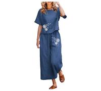 QWUVEDS Linen Sets for Women 2 Pieces Women Cotton Short Sleeve Printed Blouse Loose Pants Two Piece Suit Trouser Suit Ladies Trouser Suit Blue, navy, M