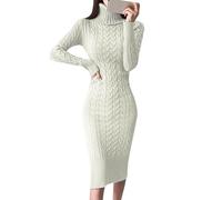 QWUVEDS Long Sleeve Turtleneck Sweater Dresses for Women Knitted Bodycon Midi Sweater Dresses Jersey Dress With Chiffon, White, M