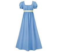 QWUVEDS Maid Outfit Maid Costume Maid Dress Regency Dresses for Women with Satin Sash, Ruffled Puff Sleeves, Empire Waist Medieval Loose Blouse, blue, XL