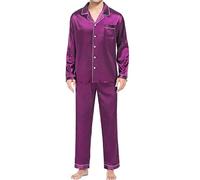 QWUVEDS Men's Casual Long Sleeve Button Silk Satin Two Piece Sleepwear Suit Pants Pajamas Corset Women Lingerie Set, purple, XL