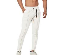 QWUVEDS Men's Spring Casual Fitness Running Zip Trousers Drawstring Loose Waist Normal Lacquer Trousers Pocket Loose Fleece Jogging Bottoms Business Trousers Men, White, M