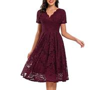 QWUVEDS Mother of the Bride Dresses Knee-Length Autumn and Winter Wedding Party Dress Retro Thin Women's Formal Dresses Lace Mesh Dress Costume Adult, red, XL