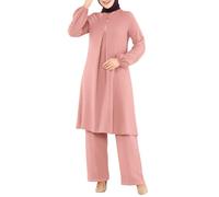 QWUVEDS Muslim 2 Piece Sets for Women Long Sleeve Button Down Shirt Pants Abaya Casual Dress Dubai Outfits With Set, pink, S