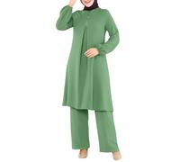 QWUVEDS Muslim Set 2 Pieces Women Long Sleeve Button Long Sleeve Abaya Casual Wear Dubai, green, XL