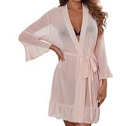 QWUVEDS Sexy lingerie women's for sex transparent underwear sports bra women's kimono robe with lace trim, sexy satin, short bathrobe, nightwear, V-neck, silk dressing gown body, pink, M