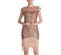 QWUVEDS Sexy Party Fashion Sequins Fringe Dress Nightclub Sleeveless Slimming Medium Length Dress Women's Dress Elegant Short, Rose Gold, L