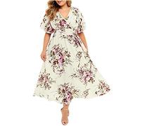 QWUVEDS Sleeves Women Dress V-Neck Printed Flowers Plus Short Fashion Casual Plus Size Clothing Dresses Women Size 52, yellow, 5XL