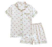 QWUVEDS Summer Pajama Set Women Thin Soft Seersucker Short Sleeve Shorts Loving Home Wear Nightwear Ladies Short, White, M