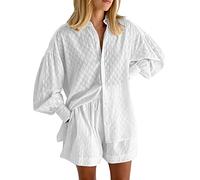 QWUVEDS Women's 2-piece spring summer puff sleeves long sleeve top and shorts casual set sporty suits, White, M