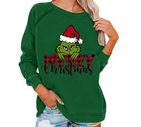 QWUVEDS Women's Grinch Sweatshirt, Green, Medium, Long Sleeve, Crew Neck, Loose Fit, Cartoon Print, Halloween, Christmas
