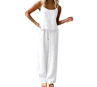 QWUVEDS Women's Summer Plain Thin Pyjamas Sleeveless Trousers Set Loose Fashion Cotton and Linen Home Wear Women Ladies 2-Piece Set, White, S