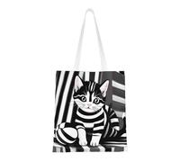 Qwvbn Black And White Striped Kitten Canvas Tote Bags Are Reusable And Suitable For Shopping, Going To School, Going To Work, Etc.