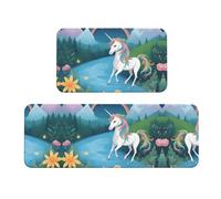 Qwvbn running unicorns Prints Kitchen Floor Mat Set 2 Pieces Absorbent, Non Slip, And Comfortable. Suitable For Kitchens, Sinks, And Laundry Areas.
