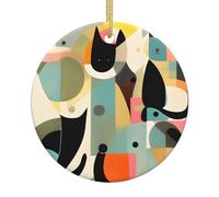 QWVBNMid-Century Modern Art Cat Christmas Ceramic Round Hanging Ornament, Festive Decoration, Suitable as a Gift for Friends, Sisters, etc.