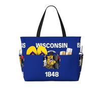 QWVBNWisconsin State Flag Beach travel bag, lightweight and reusable, suitable for family trips, gym and outdoor adventures.
