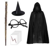 QXCFTW 16Pcs Set Wizard Costumes, World Book Day Boys, Including Cloaks, Lightning, Eyeglass Frames, and Wands, Perfect for Halloween and Carnival Parties (130cm Cloak, 30cm Wand)
