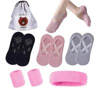 QXCFTW 3 Pairs Non-Slip Yoga Socks, Grippy Socks for Women Non-Slip Grips & Straps, with 3 Sweatbands and Storage Bag, Ideal for Pilates, Barre, Barefoot Workout, Home Workout