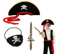 QXCFTW 3Pcs Pirate Costume Set, Pirate Hat for Kids & Adults, with Skull Print Bandana & Eye Patch, Funny Fancy Dress for Halloween Party Cosplay