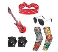QXCFTW 7Pcs Rock Star Heavy Metal Set, Punk Accessories with Retro Sunglasses Gloves Inflatable Guitar, Punk Gothic Rocker Costume Set, Kids Rock Star Costume for Women Men Halloween 80s Disco Party