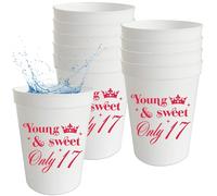 Qxcv 12Pcs Young & Sweet Only 17 Plastic Cups 16oz Cheer 17 Years Old Party Decoration Happy 17th Birthday Cups
