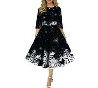 QXDZSW Christmas Style Women Clothing Fashion Personality Snowflake Digital Print Temperament Mid Sleeve Waist Cinching Dress Black
