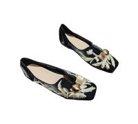 QXDZSW Embroidered Flat Single Shoes Women's Fashion Square Toe Shallow Mouth Metal Buckle Soft Sole Non-Slip Low Top Shoes Black