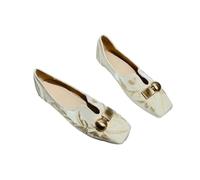 QXDZSW Embroidered Flat Single Shoes Women's Fashion Square Toe Shallow Mouth Metal Buckle Soft Sole Non-Slip Low Top Shoes