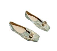 QXDZSW Embroidered Flat Single Shoes Women's Fashion Square Toe Shallow Mouth Metal Buckle Soft Sole Non-Slip Low Top Shoes Green