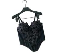 QXDZSW Sexy Slim Three-Dimensional Floral Sleeveless Chic Korean Camis Tank Top Fashion Off Shoulder Women Clothing Black