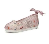 QXDZSW Women's Ethnic Flat Embroidered Soft Sole Non Slip Round Toe Ankle Strap Hanfu Lightweight Nude Shoes