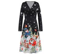 QXDZSW Women's V-Neck Waist Mash Up Long Sleeve Printing Sexy Christmas Dress Party Play Long Dresses