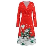 QXDZSW Women's V-Neck Waist Mash Up Long Sleeve Printing Sexy Christmas Dress Party Play Long Dresses