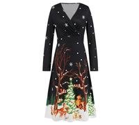 QXDZSW Women's V-Neck Waist Mash Up Long Sleeve Printing Sexy Christmas Dress Party Play Long Dresses
