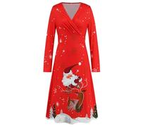 QXDZSW Women's V-Neck Waist Mash Up Long Sleeve Printing Sexy Christmas Dress Party Play Long Dresses