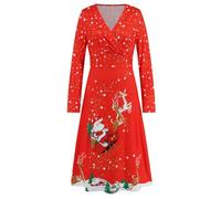 QXDZSW Women's V-Neck Waist Mash Up Long Sleeve Printing Sexy Christmas Dress Party Play Long Dresses